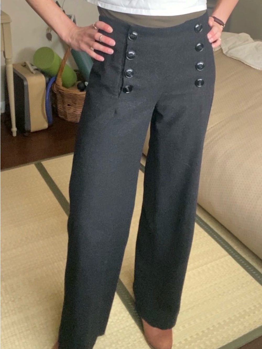 Wool-Blend Sailor Pants with Double Button-Fly in Charcoal Grey